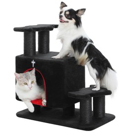 UYMI Gothic 3-in-1 Dog Stairs & Cat Scratching Post with Condo - Pet Steps for High Beds, Sofa & Couch, 3-Tier Cat Tower with Sisal Scratching Pad for Small Dogs, Cats & Kittens, Black