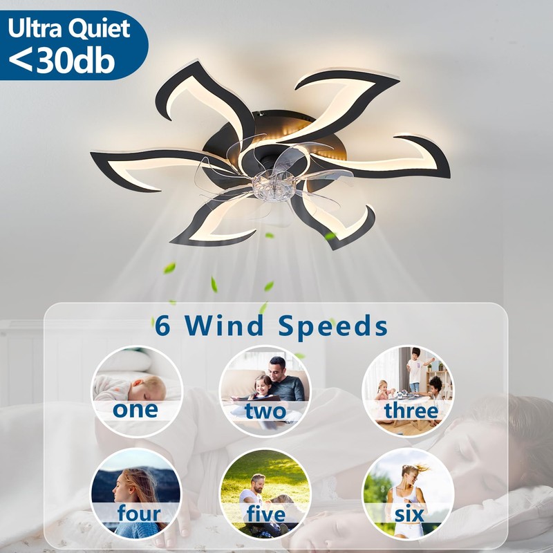 Dalouguan 32" Black Modern Ceiling Fan with Lights Remote Control,
