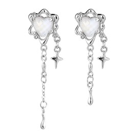 Moonstone Heart Stainless Steel Earrings Tassel Silver Star Dangle Earrings Dangling Y2k Earinging Earring For Women Teen Girls