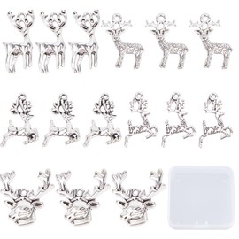 SUNNYCLUE 1 Box 50Pcs Deer Charms Christmas Antique Silver Reindeer Charms Stag Small Elk Head Animal Charm Deer Antler Cute Animals Charm Alloy Charms for jewellery Making Charm DIY Necklace Supplies