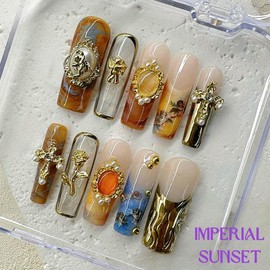 NailPhoria MID-FALL Collections 10PCS Handmade Press On Nails REUSABLE 3D GEL / Acrylic FALL 2024 - Design: Imperial Sunset, Nail Bed Size: L