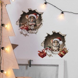 Christmas 3D Mouse Hole Wall Decals Cute Mouse in Hole Wall Stickers Removable Waterproof Winter Xmas Fun Mouse Hole Wall Stickers for Wall,Home,Kids Room, Living Room, Bedroom,Nursery Decor