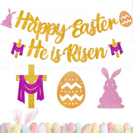 Happy Easter He is Risen Banner Easter Flag Bunting Colourful Eggs Rabbit Bunny Cross Flag Bunting for Festival Party Gardens Home Indoor Outdoor Decoration Easter Spring Party Decorations Backdrops