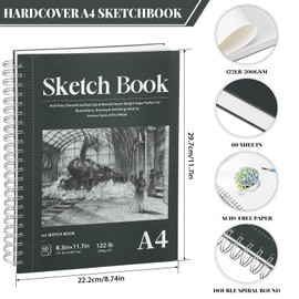 A4 Sketchbook, 60 Sheets Spiral Sketch Book with 200gsm Thick Paper, Artists Hardcover Green Hardback Art Drawing Pad for Sketching, Drawing