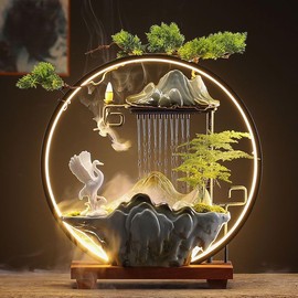 Tabletop Water Fountains Indoor Waterfall Fountain with Mist LED Light Feng Shui Wealth Desk Fountain with Backflow Incense Holder Zen Decor for Meditation (Crane)