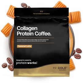 Protein Works | Collagen Protein Coffee - GOLD Innovation, Bovine Collagen Powder, Brazilian Coffee with Hydrolysed Collagen & Vitamin C, Type 1 & 3 Collagen Peptides, Caramel Latte, 19 Servings, 475g