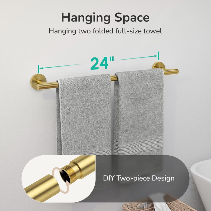USHOWER Brushed Gold Towel Bar, 24-Inch Towel Racks for Bathroom
