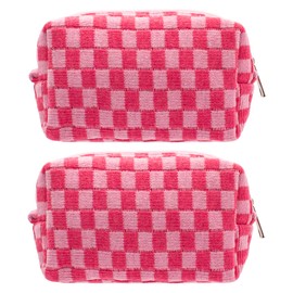 PAZIMIIK Checkered Makeup Bag for Purse Portable Zipper Make Up Pouch Small Cosmetic Case for Travel Accessories, 2PCS Hotpink, Cute