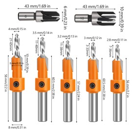 Countersink Drill Set, 5 Pieces Countersunk Drill Bit Set for Wood 8 mm, 5 Pieces Interchangeable Drill Bits 2.8/3/3.2/3.5/4 mm, 5 Pieces Hex Keys, 2 Pieces Wooden Plug Cutter 6/10 mm (Orange Colour)