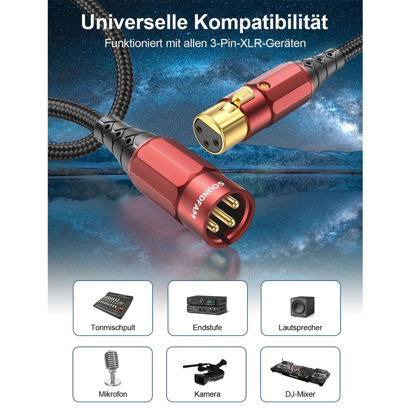 SOUNDFAM XLR Microphone Cable 1 m Gold-Plated XLR Connectors (24K)
