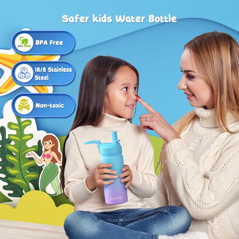 Kids Water Bottle, 2-Pack 16oz Kids Water Bottle with Stickers