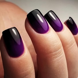 Mkwntg Black Purple Press on Nails Short Square Fake Nails Glossy Glue on Nails with Designs Acrylic Nails Black Purple Gradient False Nails Reusable Stick on Nails for Women Girls Daily Wear 24Pcs