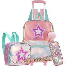 3PCS Rolling Backpack for Girls Backpack with Wheels Girls Backpack with Lunch Box Set Kids Suitcase for Girls Kids Wheeled Bookbag with Roller for Elementary School Sequin School Bag with Wheels