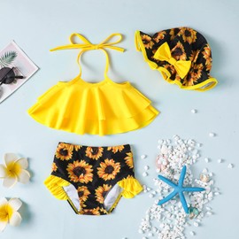 Baby Girl Summer Swimsuit with Hat Toddler Girls Bikini Sets Infant Bathing Suit Beach Outfits (042C-Sunflower, 0-6 Months)