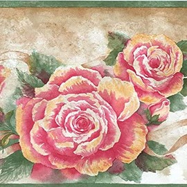 CONCORD WALLCOVERINGS ™ Vintage Rose Garden Wallpaper Border, 7" x 15' Pink & Green Watercolor Roses, Prepasted Washable Vinyl, for Cottagecore & Farmhouse Living #HHB530923