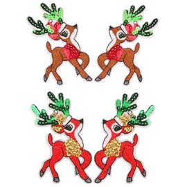 Christmas Deer Patches Sequin Iron On Appliques 4PCS Elk Sew On Fabric Stickers Clothing Accessories Xmas Beautiful Animals Decoration for Tops Jackets Jeans Backpack T-Shirt