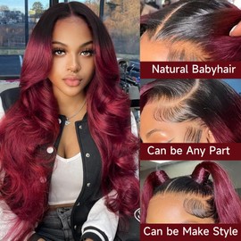 KeaBalo Burgundy Lace Front Wigs Human Hair 13x4 1B99J Ombre Lace Front Wig Human Hair Pre Plucked Dark Root Colored Body Wave Burgundy Hd Frontal Wigs Human Hair 250% Density 30 Inch