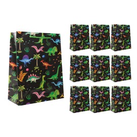 Idena 90244 - Geschenktüten Dinos, 10 Stück, Geschenktaschen in der Größe 18 x 23 x 8 cm, Schwarze Papiertüten mit Dinosauriern