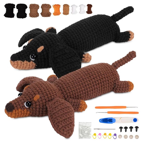 Piashow 2 x Dachshund Dogs, Crochet Set for Beginners, Step