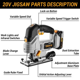 Jig Saw Cordless Electric Tool: DEKOPRO 20V Power Jigsaw with LED Light, 800-3000 RPM Variable Speed, 7/8" Stroke Length, 3 Orbital Settings, ±45° Bevel Cuts for Straight/Curve/Circle Cutting (Gray)