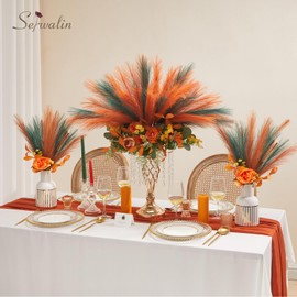 Serwalin 60PCS Faux Pampas Grass, 17.7" Burnt Orange ＆ Green Pampas Grass Decor, Artificial Pompas Fluffy Plant Vase Filler Boho Decoration for Home Wedding Party