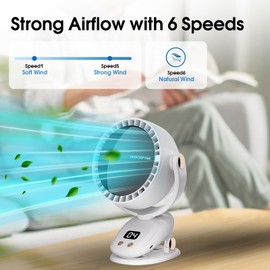 TrendGear Portable Clip on Fan Battery Operated, 6 Speeds Quiet Rechargeable Desk Fan, Adjustable Tilt& Strong Airflow, Small USB Fan for Home Office Stroller Camping (White)