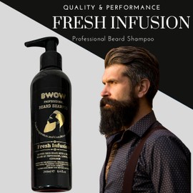 BWOW Professional Beard Shampoo for Men, Vegan Natural Cleansing, Invigorate to Condition and Revive - Peppermint, Lemon & Cinnamon. Fresh Infusion 250ml