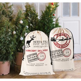 Homewit Christmas Santa Sack, 2pcs Santa Sack Canvas Bag in Beige with Cotton Drawstring Gift Bags, Extra Large Size 70x50cm for all Presents, Gifts
