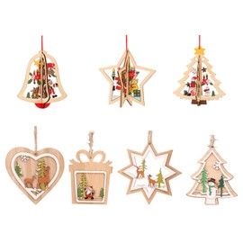 Christmas Ornaments Wooden Set of 7 Snowflake Deer Bell Santa Claus Snowman Christmas Tree Ornaments 3D Christmas Ornament with String Heart Star Wood Chip Slice Pendant (A)