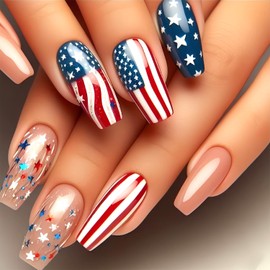 4th of July Press on Nails Medium Independence Day False Nails Acrylic Coffin Glue on Nail with Star Stripe Decoration Artificial Fake Nail Reusable for Women 24Pcs