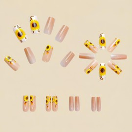 Flower MIXFOSAHN Press on Nails Medium Square Fake Nails Yellow Nude False Nails with Bright Sunflower Designs Glossy Full Cover Stick on Nails Flower Nails Glue on Nails for Women Girls 24 Pcs