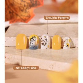 Kikmoya 24Pcs Fall Press on Nails Short Square Yellow Fake Nails with Fall Leaves Designs Acrylic Glossy False Nails Autumn Nails Art Full Cover Stick on Nails for Women (Yellow and Fall Leaves)