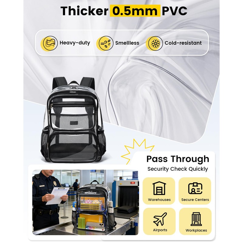 Vorspack Clear Backpack with TSA Lock, Large Clear Bookbag, Black