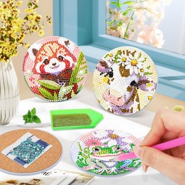 BOWETILE 8PCS Animals Diamond Art Painting Coasters Kit with Holder, Animals Diamond Art Kits for Adults Beginners, DIY Funny Drinks Coasters with Cork, Arts and Crafts Kits for Home Table Decor