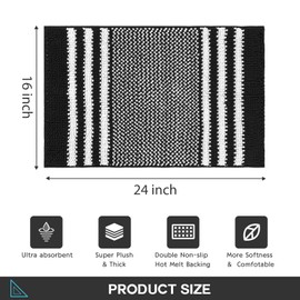 Biscpro Bath Mat Rug 40x 60 cm Extra Soft and Absorbent Fluffy Striped Chenille,Non Slip Shaggy Bathroom Floor Mat,Machine Washable(Black)