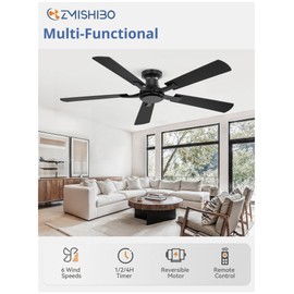 ZMISHIBO 52 Inch Ceiling Fan No Light, Flush Mount Low Profile, Modern Black Ceiling Fan Without Light, Remote Control & Quiet DC Motor, for Indoor&Outdoor, Bedroom, Living Room