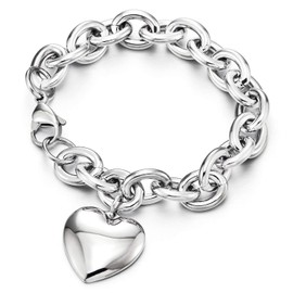 Womens Stainless Steel Rolo Chain Bracelet with Dangling Puff Heart, High Polished