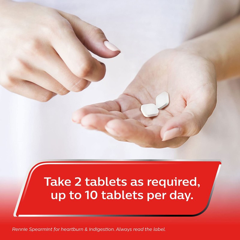 Rennie Rennie Antacids, Spearmint Flavour Heartburn Relief and Indigestion Tablets,
