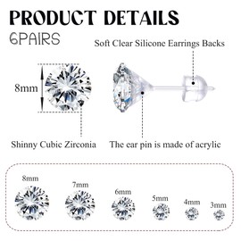 Sanfenly 6Pairs Clear Plastic Post Stud Earrings for Women Plastic Earrings for Sensitive Ears Cubic Zirconia Stud Earrings Set 3mm-8mm