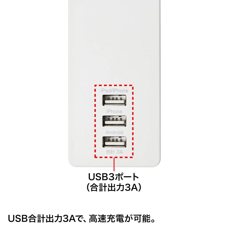 サンワサプライ USB充電機能付きタップ 3P・4個口 USB A×3ポート(合計出力3A) 裏面マグネット付き 2m TAP-F37U-2