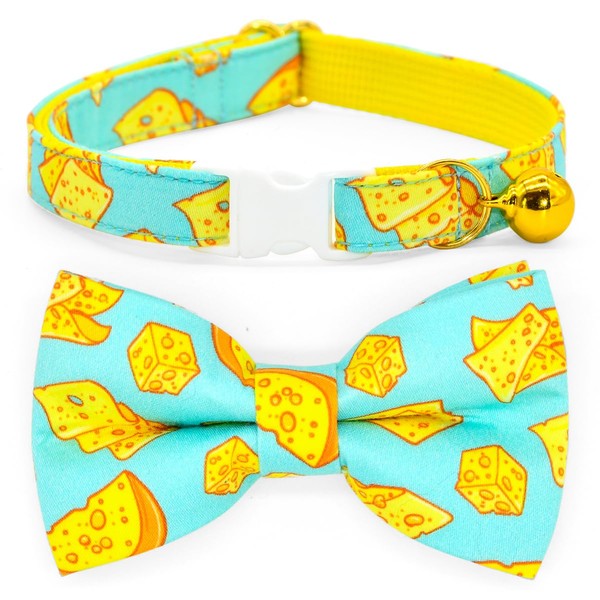 Cheese Cat Bow Tie Collar, Blue & Yellow Cheese Pattern,