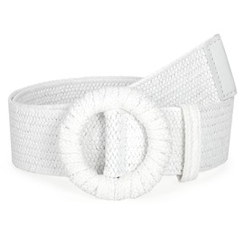 Straw Woven Elastic Belt for Women Stretchy Belts for Dress Fashion Boho Waist Belt Rattan Raffia Ladies Belts,round buckle white 29"
