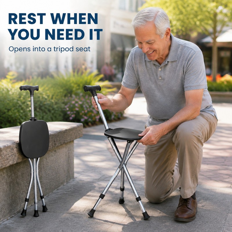 Lefeke Folding Walking Cane with Seat, Adjustable Height & LED