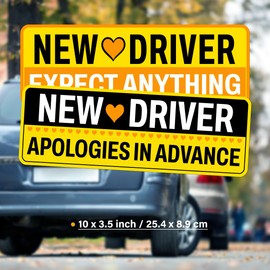 Student New Driver Sticker Pack 5 Pieces Vinyl Waterproof UV Printed Funny Yellow Color Stickers for Girl Men Women Gift Birthday Decals Sign for Cars Windows Bumper Bike