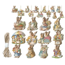 Yezi 36 Pcs Easter Bunny Tree Ornaments Easter Wooden Hanging Decorations Rabbit Embellishments for Tree Easter Wood Bunny with String for Party Wall Gift