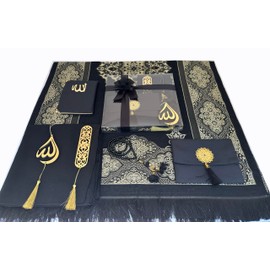 Prayer Rug | 5 in One Prayer Mat, Surah Booklet, Tasbeeh, Scarf, Quran Case Set | Pearl Prayer Beads | Islamic Gift for Her | Islamic Gifts for Occasions | Prayer Mat| Birthday Gift (Black)