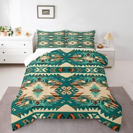 Feelyou Green Southwestern Comforter Set Queen Size Kids Geometric Comforter for Boys Teens Tribal Native American Design Western Decor Bedding Set Stripe Line Duvet Set Room Decor Quilt Set