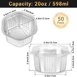 Beasea Disposable Baking Cups with Lids, 50 Pack 20oz 598ml Aluminum Foil Ramekins Pans Hexagon Individual Cupcake Desserts Containers Creme Brulee Pudding Souffle Oven Tins for Party - Silver