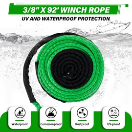 TYT Synthetic Winch Rope 3/8" X 92' with Hook, 27000LBS Synthentic Winch Cable Kit with Protective Sleeve for 4WD Off Road Vehicle Truck SUV Jeep (Green)