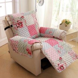 Cmfshape Skidproof Sofa Cover-Patchwork Sofa Slipcover with Elastic Straps-Easy Fit Slip Cover-Rose Washable Furniture Protector for Pets and Kids(Recliner,Pink&Grey)